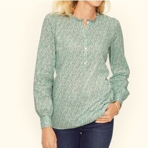 Talbots Women's XS Pintuck Popover Shirt with Ruffled Collar Green Floral